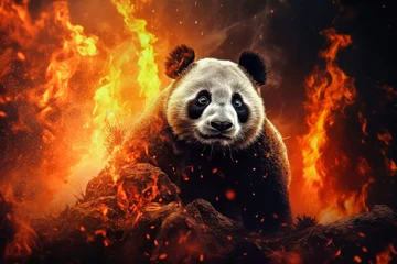 Foto op Plexiglas A panda bear perched atop a blazing pile of fire, surrounded by a forest engulfed in flames due to a rampant forest fire © Anoo