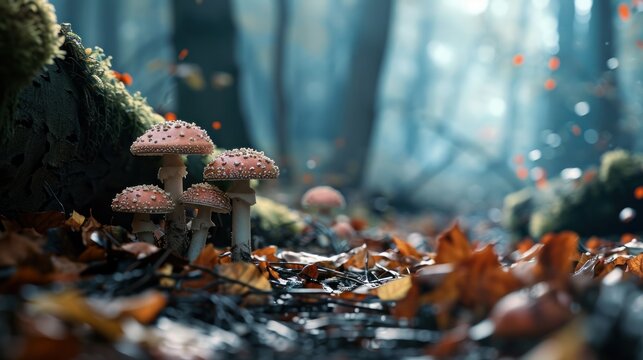 A group of mushrooms growing from the ground in the forest. The mushrooms have a red cap and are accompanied by fallen orange leaves.