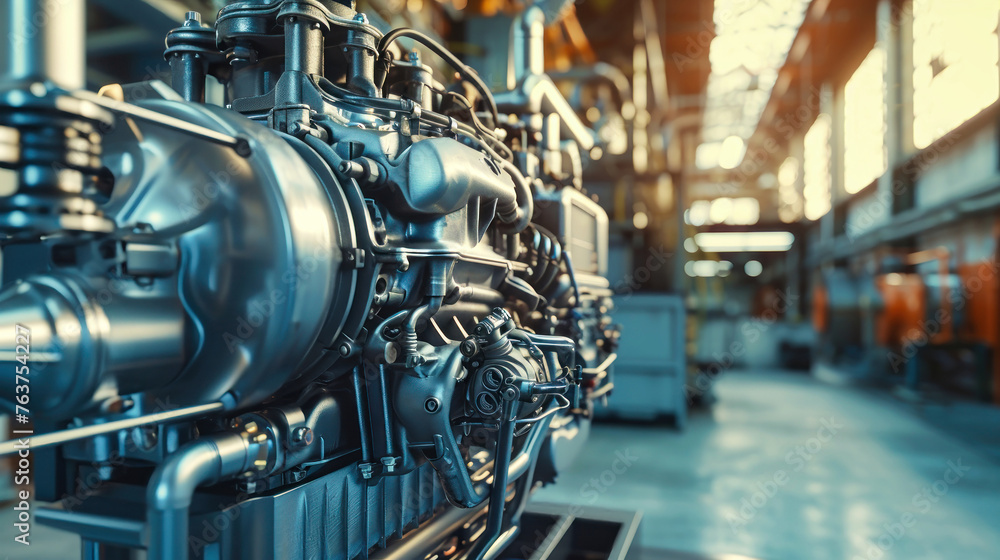 Poster detailed view of a high-tech machine assembling a modern engine in a factory setting, showcasing pre