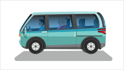 Beside luxury of van car. Green colors. On isolated white background. Can see inside car with driver and family passenger.