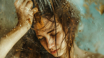 Close-up of a womans face with hair being blown by the wind, showcasing hair care and style - obrazy, fototapety, plakaty
