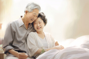 Fototapeta premium An elderly Asian man and woman are laying comfortably side by side on a couch, enjoying a quiet moment together