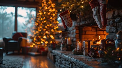 A cozy Christmas scene with a lit tree in the background, stockings hung over a fireplace, and...