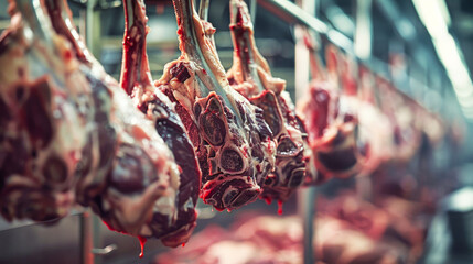 Hanging Meat in Meat Processing Plant - obrazy, fototapety, plakaty