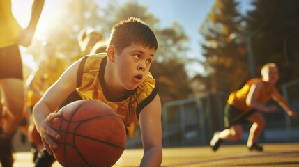 A boy with down syndrome in a yellow jersey plays basketball on the court.