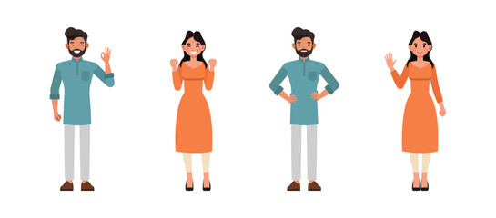 Set of Indian man and woman character vector design. Businessman and businesswoman gesturing OK sign and smiling. Presentation in various action on isolated white background.