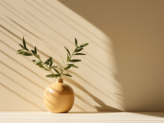 Olive branches in a golden vase casting shadows on a beige wall