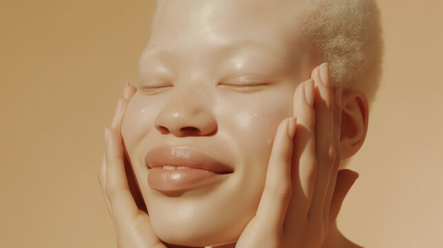 Portrait of African albino girl with hands on face against a beige backdrop. Cosmetic advertisement