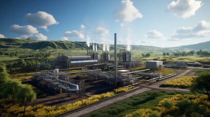Refinery plant in a vibrant rural landscape