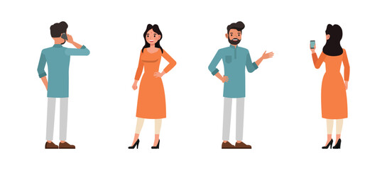 Set of Indian man and woman character vector design. Businessman and businesswoman talk on phone. Presentation in various action on isolated white background.