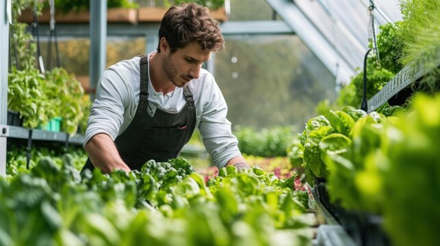 A man in an apron tends to plants in a greenhouse.