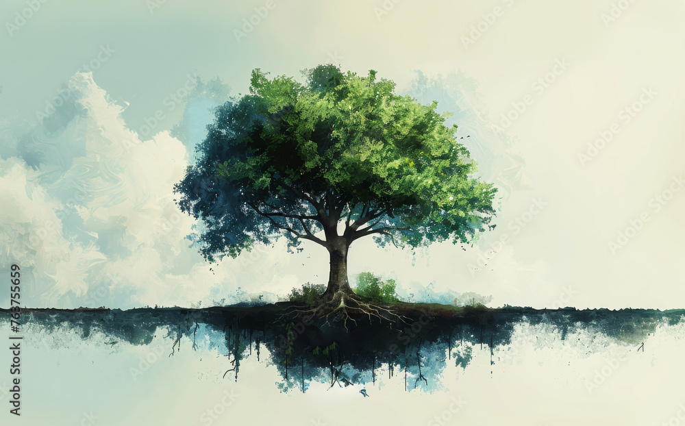 Poster illustration of a tree with many leaves whose roots go deep into the earth. section in soil showing 