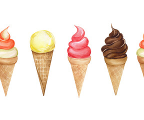 Watercolor seamless border with ice creams in waffle cones. Different flavors of ice cream, strawberry, chocolate, melon, lemon. Cute seamless ribbon for design and decoration.