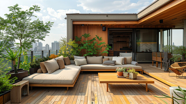 Modern Urban Terrace with Lush Greenery and Comfortable Seating