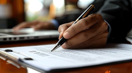 close-up of a businessman's hand, holding a pen and signing a contract, with a stack of papers - obrazy, fototapety, plakaty