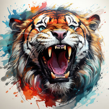 Watercolor Roaring Tiger Illustration, Generative Ai