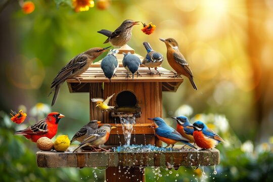 Forest Choir: A Diverse Assembly of Birds Convenes at a Charming Birdhouse, Creating a Melodious Symphony Amidst the Lush Greenery of Their Woodland Home, Generative AI