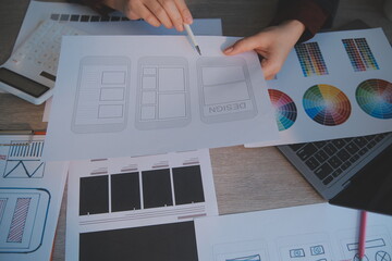 UX UI design process for modish mobile application and website . Creative prototype of wireframe...