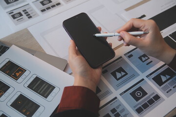 UX UI design process for modish mobile application and website . Creative prototype of wireframe...