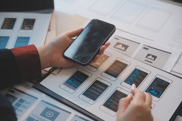 UX UI design process for modish mobile application and website . Creative prototype of wireframe...