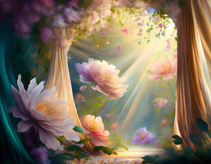 dreamy atmosphere by combining flowing drapery with an abundance of lush flowers