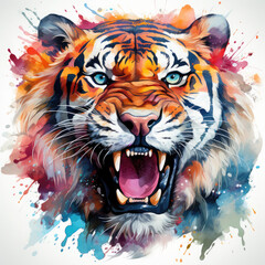 Naklejka premium Watercolor Roaring Tiger Illustration, Generative Ai