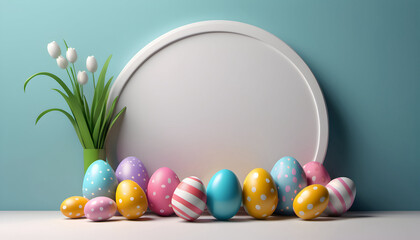 Fototapeta na wymiar Easter banner, Easter eggs with copyspace on a blue background in 3D style