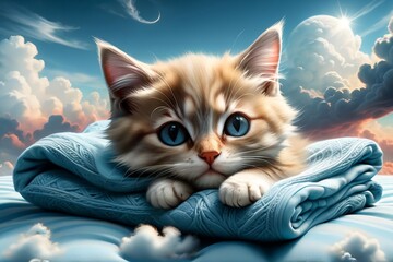 cute kitten sleeps on a pillow under a blanket.