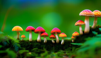 A close-up of a vibrant, multi-colored mushroom in a forest setting - Powered by Adobe