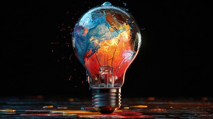 Creative light bulb explodes with colorful paint and splashes on a black background. Think differently creative idea concept 3d render - obrazy, fototapety, plakaty