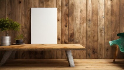 Canvas Connection: 3D Render Wooden Table Facing Blank Canvas Wall