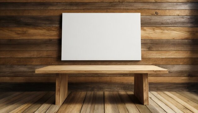 Creative Retreat: Wooden Table in 3D Render with Blank Canvas View