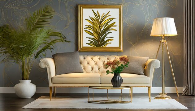 living interior with fireplace, Wallpaper interior design. Sofa, framed picture, flowerpot, bedside table, lamp. Isolated on transparent background
