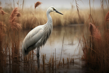 Natural cranes that are looking for food in a small pond. - obrazy, fototapety, plakaty