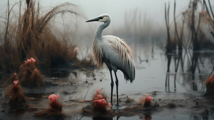 Natural cranes that are looking for food in a small pond. - obrazy, fototapety, plakaty