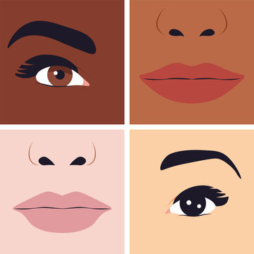 Eyes and lips on different skin tone. Combination of eyes and lips on different skin tone, diversity concept.