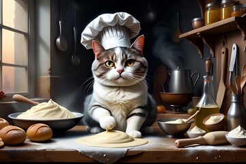 chef cat kneads dough in the kitchen.