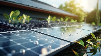 Raindrops on solar panels with green foliage