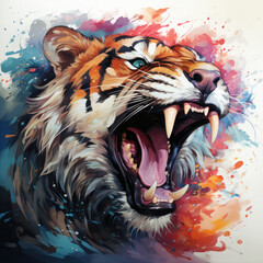 Watercolor Roaring Tiger Illustration, Generative Ai