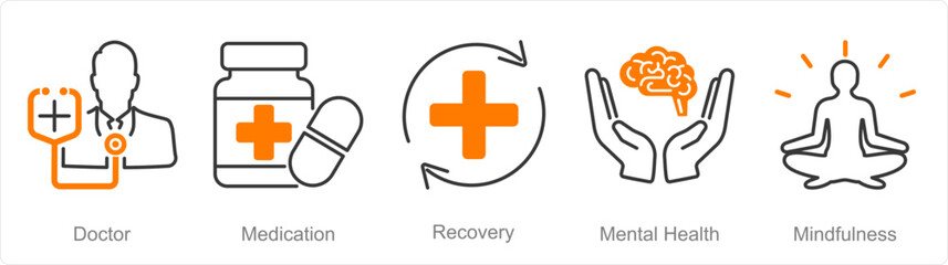 A set of 5 Mental Health icons as doctor, medication, recovery
