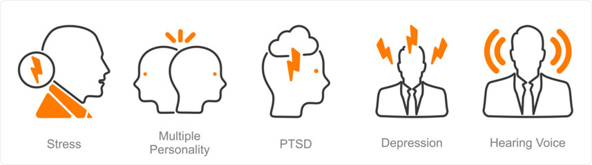 A set of 5 Mental Health icons as stress, multiple personality, ptsd