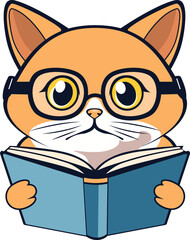 Ginger kitten read blue book. Cute cartoon ginger kitten reading a blue book illustration.