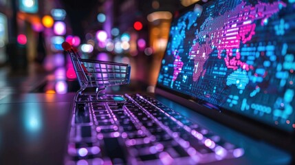 digital futuristic cashiers with shopping cart on a laptop keyboard - obrazy, fototapety, plakaty
