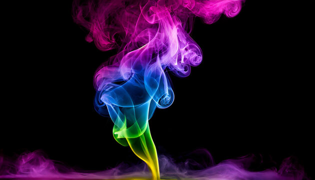 colorful smoke flows upward  from single point on black background neon color smoke abstraction