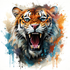 Watercolor Roaring Tiger Illustration, Generative Ai