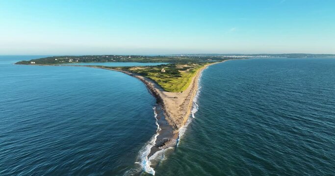 New Shoreham, RI, USA 08-13-2023:  Summer aerial video of the north end of Block Island Rhode Island near the North Lighthouse