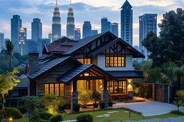 Gordijnen A Kuala Lumpur skyline panorama frames a craftsman-style house © Naseem