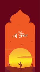 Eid Al Fitr Mubarak Desert Flat Illustration