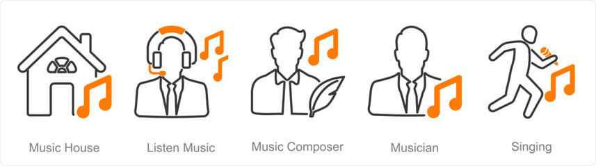 A set of 5 Music icons as music house, listen music, music composer - obrazy, fototapety, plakaty