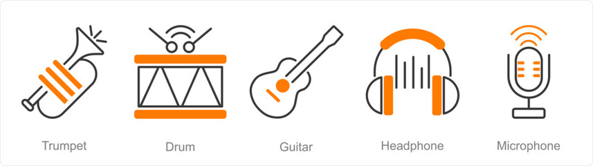 A set of 5 Music icons as trumpet, drum, guitar